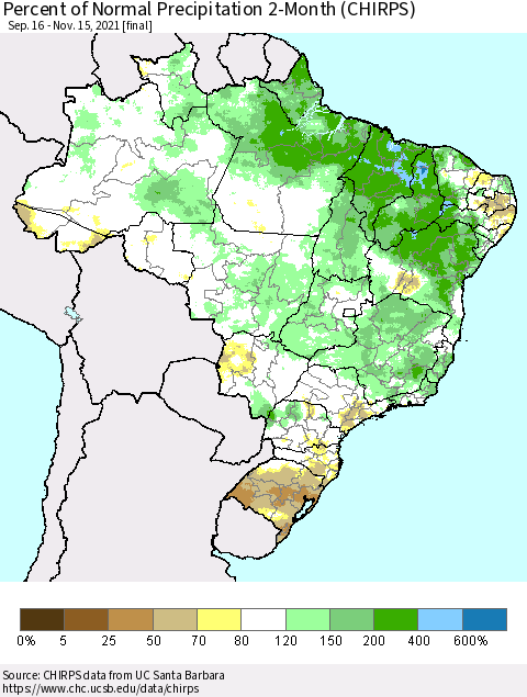 Brazil Percent of Normal Precipitation 2-Month (CHIRPS) Thematic Map For 9/16/2021 - 11/15/2021