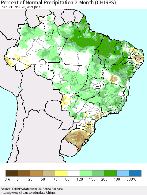 Brazil Percent of Normal Precipitation 2-Month (CHIRPS) Thematic Map For 9/21/2021 - 11/20/2021