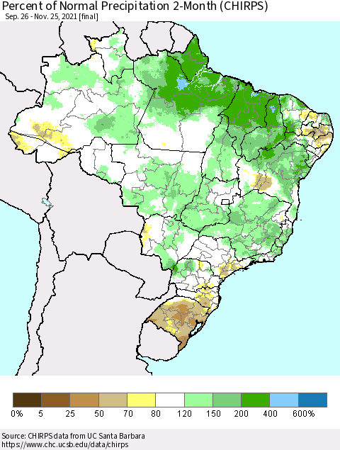Brazil Percent of Normal Precipitation 2-Month (CHIRPS) Thematic Map For 9/26/2021 - 11/25/2021