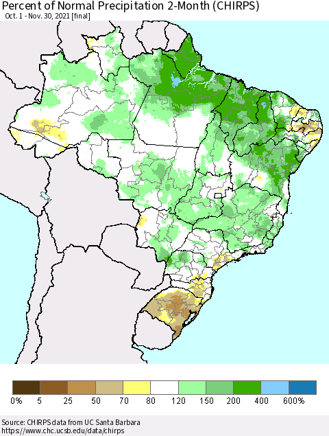 Brazil Percent of Normal Precipitation 2-Month (CHIRPS) Thematic Map For 10/1/2021 - 11/30/2021
