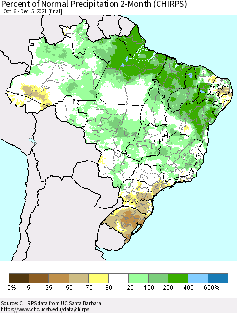 Brazil Percent of Normal Precipitation 2-Month (CHIRPS) Thematic Map For 10/6/2021 - 12/5/2021