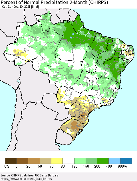 Brazil Percent of Normal Precipitation 2-Month (CHIRPS) Thematic Map For 10/11/2021 - 12/10/2021
