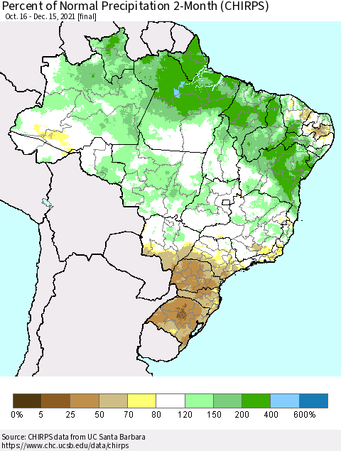 Brazil Percent of Normal Precipitation 2-Month (CHIRPS) Thematic Map For 10/16/2021 - 12/15/2021