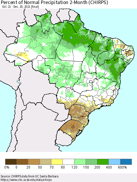 Brazil Percent of Normal Precipitation 2-Month (CHIRPS) Thematic Map For 10/21/2021 - 12/20/2021