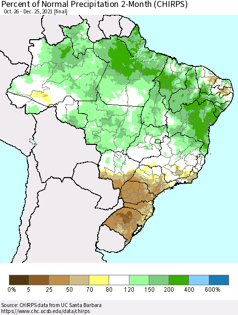 Brazil Percent of Normal Precipitation 2-Month (CHIRPS) Thematic Map For 10/26/2021 - 12/25/2021