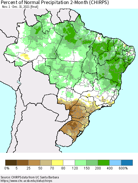 Brazil Percent of Normal Precipitation 2-Month (CHIRPS) Thematic Map For 11/1/2021 - 12/31/2021