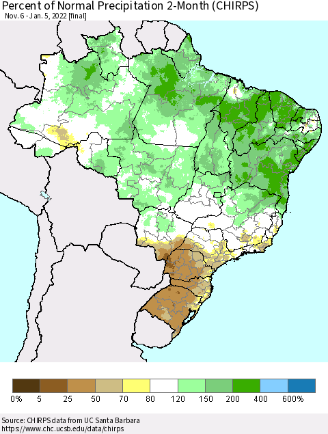 Brazil Percent of Normal Precipitation 2-Month (CHIRPS) Thematic Map For 11/6/2021 - 1/5/2022