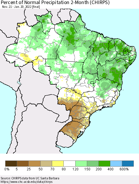 Brazil Percent of Normal Precipitation 2-Month (CHIRPS) Thematic Map For 11/21/2021 - 1/20/2022