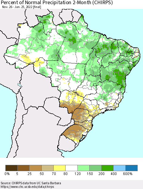 Brazil Percent of Normal Precipitation 2-Month (CHIRPS) Thematic Map For 11/26/2021 - 1/25/2022