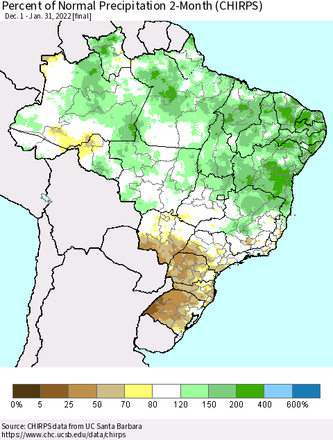Brazil Percent of Normal Precipitation 2-Month (CHIRPS) Thematic Map For 12/1/2021 - 1/31/2022