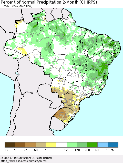 Brazil Percent of Normal Precipitation 2-Month (CHIRPS) Thematic Map For 12/6/2021 - 2/5/2022