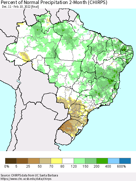 Brazil Percent of Normal Precipitation 2-Month (CHIRPS) Thematic Map For 12/11/2021 - 2/10/2022