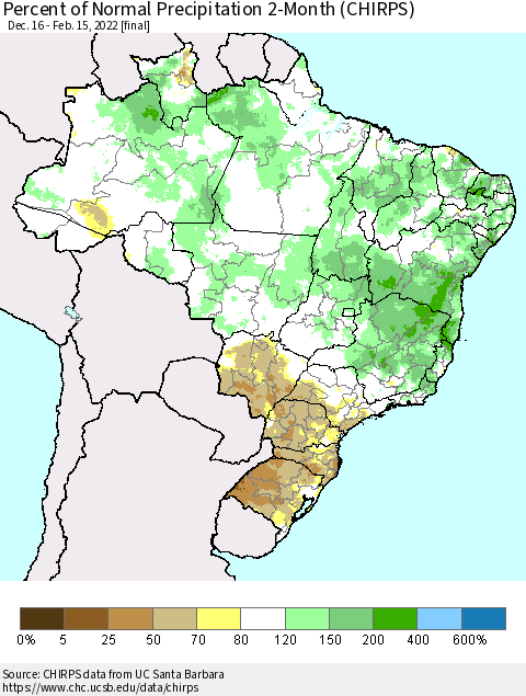 Brazil Percent of Normal Precipitation 2-Month (CHIRPS) Thematic Map For 12/16/2021 - 2/15/2022
