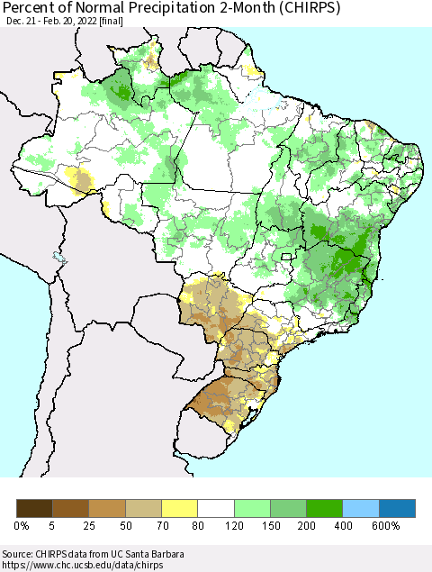 Brazil Percent of Normal Precipitation 2-Month (CHIRPS) Thematic Map For 12/21/2021 - 2/20/2022