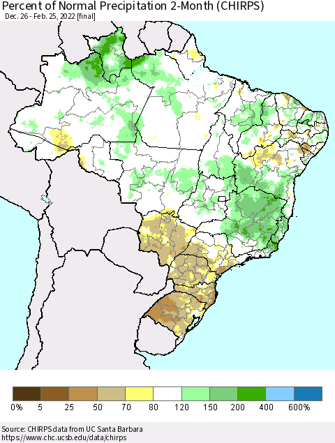 Brazil Percent of Normal Precipitation 2-Month (CHIRPS) Thematic Map For 12/26/2021 - 2/25/2022