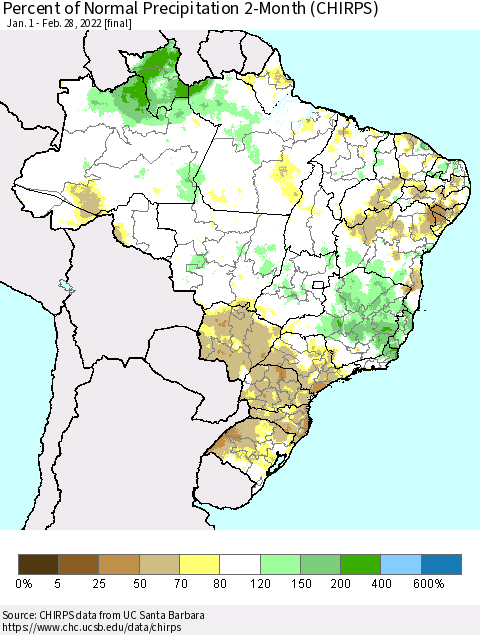 Brazil Percent of Normal Precipitation 2-Month (CHIRPS) Thematic Map For 1/1/2022 - 2/28/2022