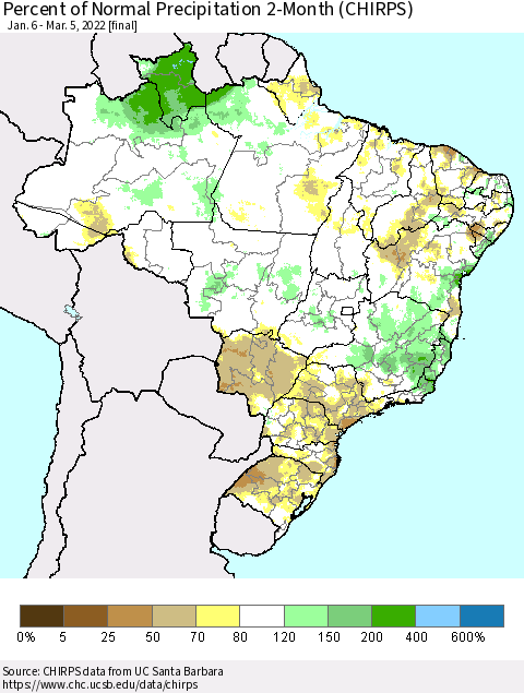 Brazil Percent of Normal Precipitation 2-Month (CHIRPS) Thematic Map For 1/6/2022 - 3/5/2022