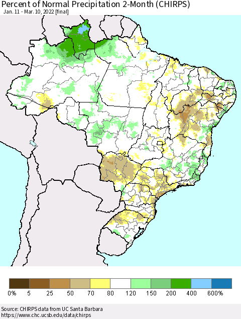 Brazil Percent of Normal Precipitation 2-Month (CHIRPS) Thematic Map For 1/11/2022 - 3/10/2022