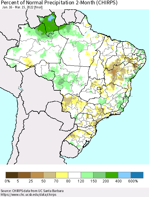 Brazil Percent of Normal Precipitation 2-Month (CHIRPS) Thematic Map For 1/16/2022 - 3/15/2022