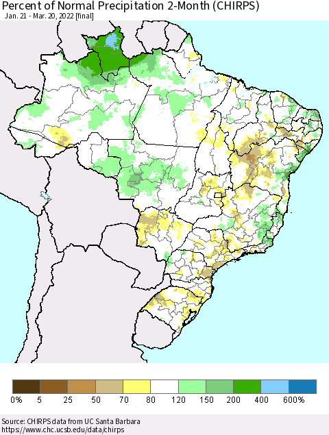 Brazil Percent of Normal Precipitation 2-Month (CHIRPS) Thematic Map For 1/21/2022 - 3/20/2022