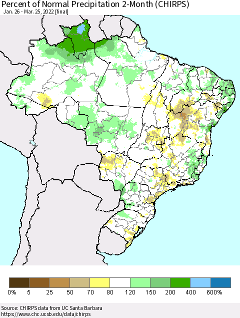 Brazil Percent of Normal Precipitation 2-Month (CHIRPS) Thematic Map For 1/26/2022 - 3/25/2022