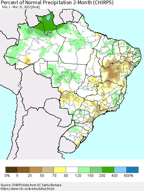 Brazil Percent of Normal Precipitation 2-Month (CHIRPS) Thematic Map For 2/1/2022 - 3/31/2022