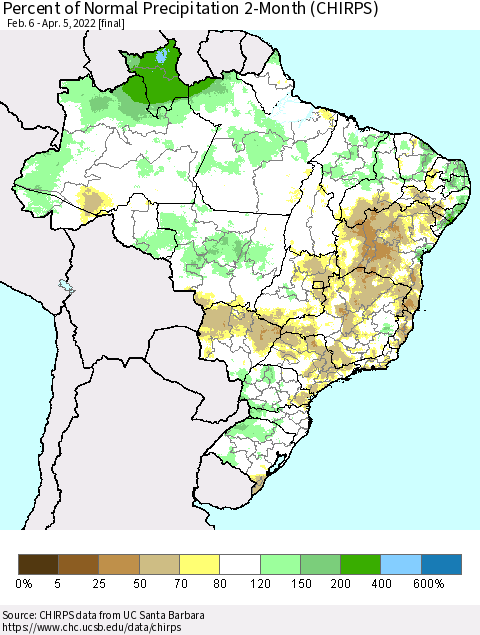 Brazil Percent of Normal Precipitation 2-Month (CHIRPS) Thematic Map For 2/6/2022 - 4/5/2022