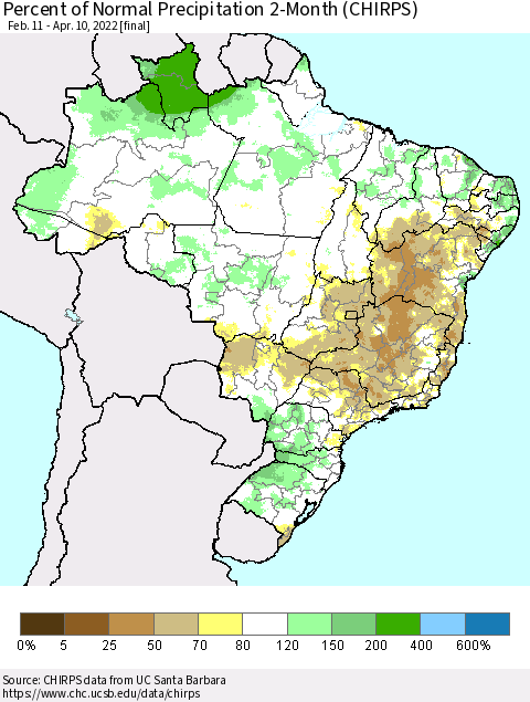 Brazil Percent of Normal Precipitation 2-Month (CHIRPS) Thematic Map For 2/11/2022 - 4/10/2022