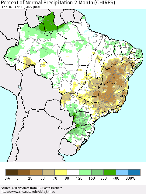 Brazil Percent of Normal Precipitation 2-Month (CHIRPS) Thematic Map For 2/16/2022 - 4/15/2022