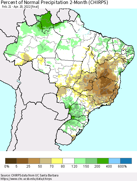Brazil Percent of Normal Precipitation 2-Month (CHIRPS) Thematic Map For 2/21/2022 - 4/20/2022