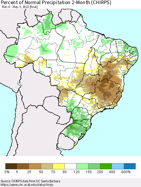 Brazil Percent of Normal Precipitation 2-Month (CHIRPS) Thematic Map For 3/6/2022 - 5/5/2022