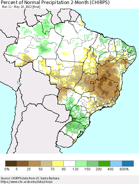 Brazil Percent of Normal Precipitation 2-Month (CHIRPS) Thematic Map For 3/11/2022 - 5/10/2022