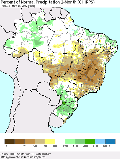Brazil Percent of Normal Precipitation 2-Month (CHIRPS) Thematic Map For 3/16/2022 - 5/15/2022