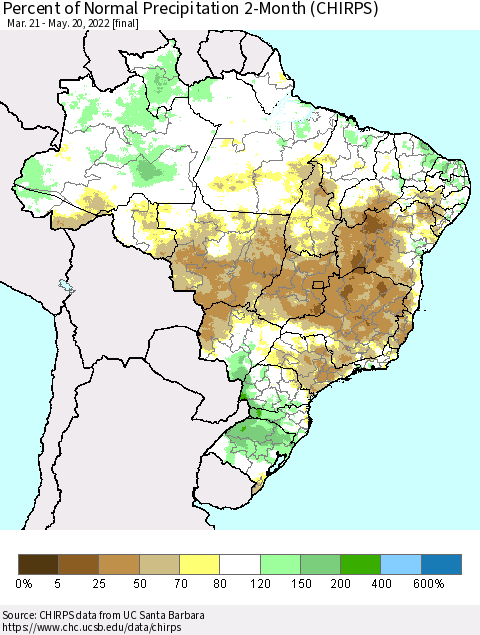Brazil Percent of Normal Precipitation 2-Month (CHIRPS) Thematic Map For 3/21/2022 - 5/20/2022