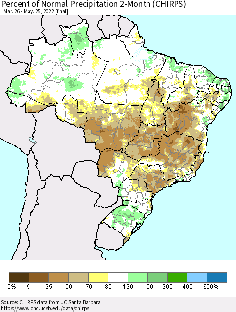 Brazil Percent of Normal Precipitation 2-Month (CHIRPS) Thematic Map For 3/26/2022 - 5/25/2022