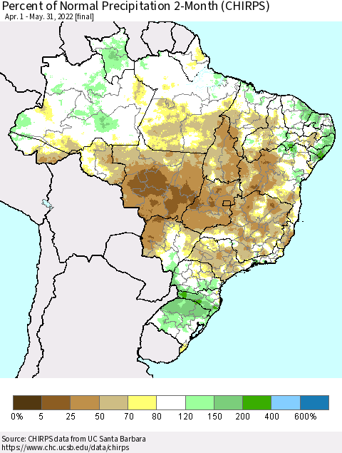 Brazil Percent of Normal Precipitation 2-Month (CHIRPS) Thematic Map For 4/1/2022 - 5/31/2022
