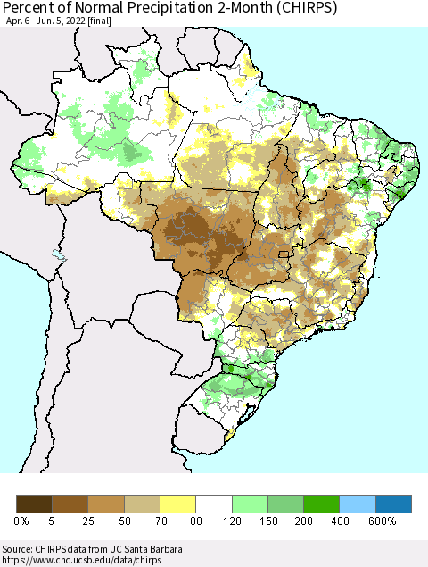 Brazil Percent of Normal Precipitation 2-Month (CHIRPS) Thematic Map For 4/6/2022 - 6/5/2022