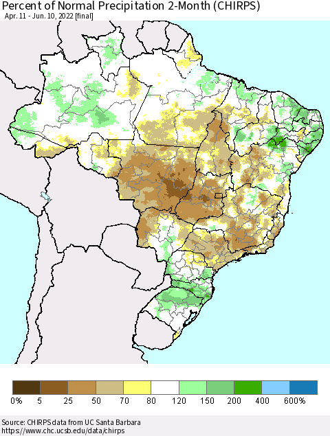 Brazil Percent of Normal Precipitation 2-Month (CHIRPS) Thematic Map For 4/11/2022 - 6/10/2022