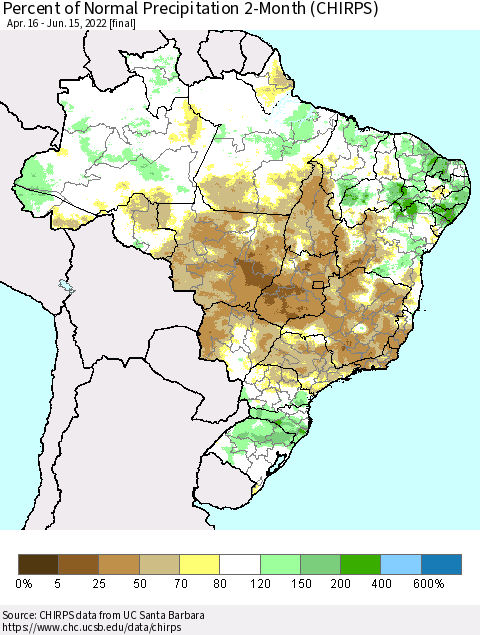 Brazil Percent of Normal Precipitation 2-Month (CHIRPS) Thematic Map For 4/16/2022 - 6/15/2022