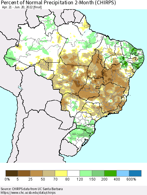 Brazil Percent of Normal Precipitation 2-Month (CHIRPS) Thematic Map For 4/21/2022 - 6/20/2022