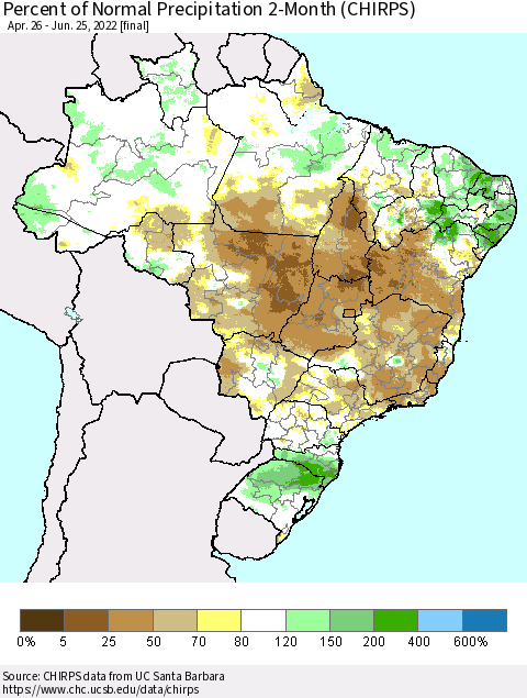 Brazil Percent of Normal Precipitation 2-Month (CHIRPS) Thematic Map For 4/26/2022 - 6/25/2022