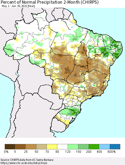 Brazil Percent of Normal Precipitation 2-Month (CHIRPS) Thematic Map For 5/1/2022 - 6/30/2022