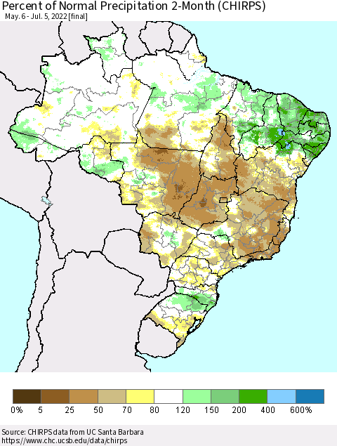 Brazil Percent of Normal Precipitation 2-Month (CHIRPS) Thematic Map For 5/6/2022 - 7/5/2022