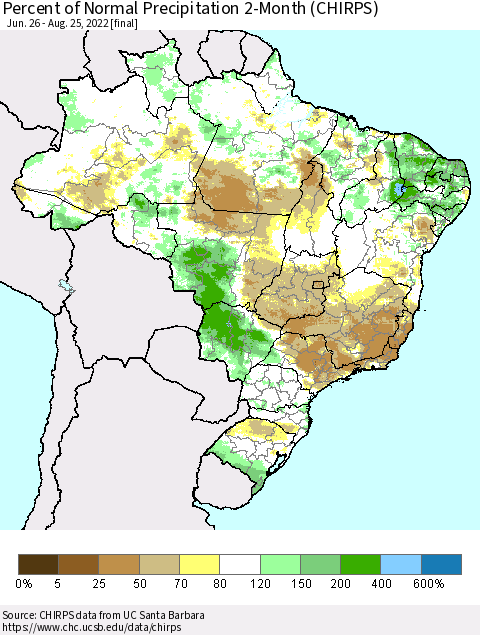 Brazil Percent of Normal Precipitation 2-Month (CHIRPS) Thematic Map For 6/26/2022 - 8/25/2022