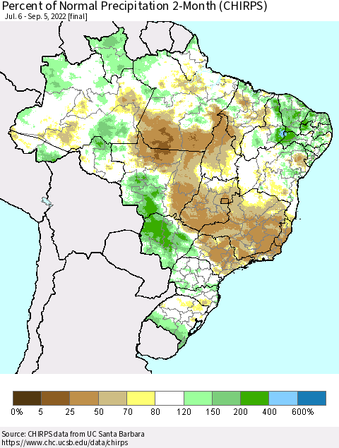 Brazil Percent of Normal Precipitation 2-Month (CHIRPS) Thematic Map For 7/6/2022 - 9/5/2022