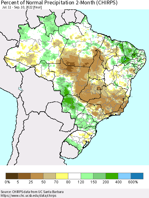 Brazil Percent of Normal Precipitation 2-Month (CHIRPS) Thematic Map For 7/11/2022 - 9/10/2022