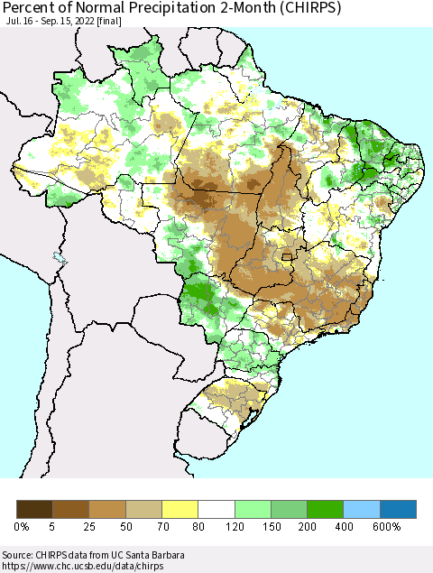 Brazil Percent of Normal Precipitation 2-Month (CHIRPS) Thematic Map For 7/16/2022 - 9/15/2022