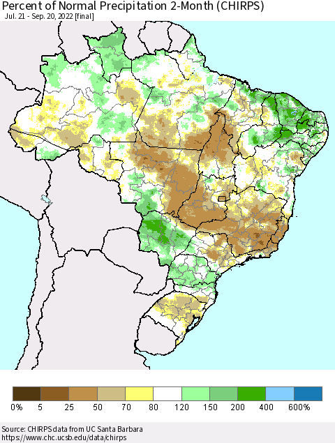 Brazil Percent of Normal Precipitation 2-Month (CHIRPS) Thematic Map For 7/21/2022 - 9/20/2022