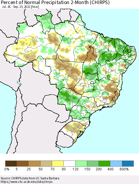 Brazil Percent of Normal Precipitation 2-Month (CHIRPS) Thematic Map For 7/26/2022 - 9/25/2022