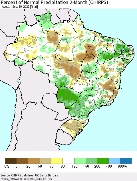 Brazil Percent of Normal Precipitation 2-Month (CHIRPS) Thematic Map For 8/1/2022 - 9/30/2022